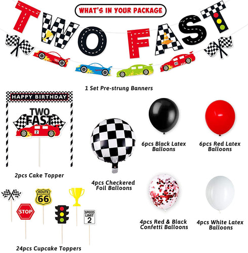 Race Car Two Fast Party Decorations Supplies Racing Theme 2nd Birthday Party Banner Race Car Second Birthday Cake Topper Checkered Flags Balloons for Let's go Racing Theme Sports Event Party Supplies