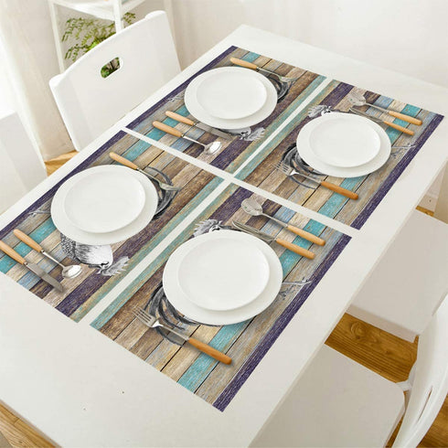 WARM TOUR Table Placemats Set of 4, Farm Cock Rooster on Retro Wood Grain Heat Resistant Place Mats Washable Cotton Linen Table Mats for Dining Kitchen, Easy to Clean, America Retro Country Theme