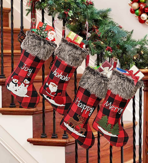 ZLLQIMENG 4 Pack Christmas Stockings Buffalo Plaid 18 inches Large Xmas Stocking Embroidery with Faux Fur Cuff for Family Kid Holiday Party Christmas Decoration
