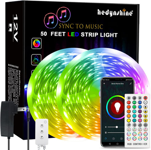 50Ft LED Strip Lights, Hedynshine Color Changing RGB Strip Lights for Bedroom,40 Key IR Remote Control, SYNC to Music Strip Lights(APP+Mic+Remote+3 Button Switch)