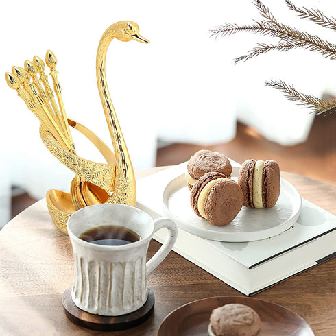 Agatige Coffee Spoon, Stainless Steel Serving Bar Dessert Spoon with Swan Holder Household Tableware (Gold)