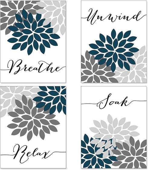 Relax Soak Unwind Breathe Bathroom Wall Decor, Bathroom Wall Art, Bathroom Pictures Wall Decor, Bathroom Decor Wall Art, Teal Blue Bathroom Decor, Bathroom Decor (Set of 4, 8X10in, Unframed)