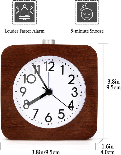 4 Inch Wooden Analog Alarm Clock Battery Operated Non-Ticking with Snooze Button,Night Light,Gentle Wake