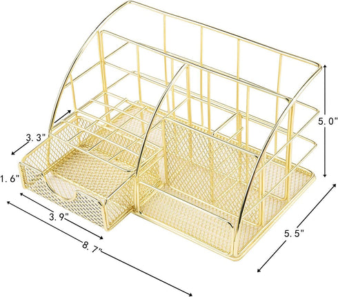 Desk Organizer for Women,Cute Mesh Office Supplies Accessories Essentials Caddy with 5 Compartments+1 Mini Sliding Drawer for Home & Office Desktop Organization & Decor, Gold