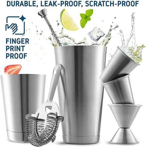 Eatex Bar Set Cocktail Shaker Set - Stainless Steel Bartender Kit, 16 Piece Cocktail Kit, Complete Cocktail Set, Bar Tools: Martini Shaker, Muddler, Cocktail Book, Jigger, Liquor Pourers - Silver