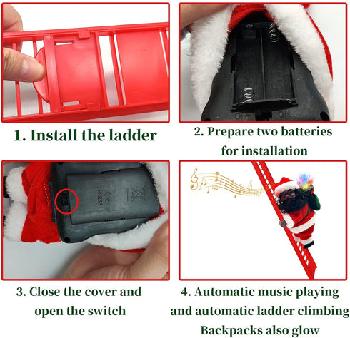 Electric Climbing Ladder Santa Claus, African American Santa Climbing Ladder with Music Funny Singing Climbing Santa LED Novelty Black Santa Claus Decor for Christmas Tree Hanging Ornament Xmas Gift
