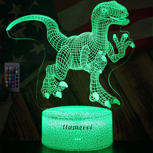 Dinosaur Night Lights for Kids Christmas Gift for Boys Birthday Dino Toy Raptor 3D Illusion Lamp Remote Control 16 Color Change
