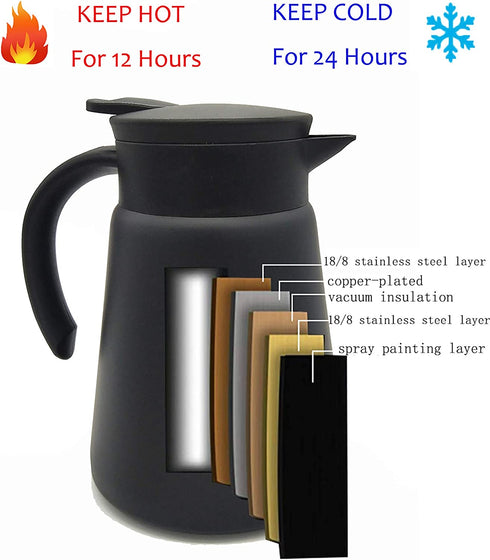 27oz Stainless Steel Thermal Coffee Carafe Thermos with Handle, Double Walled Vacuum Insulated Pot for Hot Water, Tea, Coffee, 12 Hour Heat Retention, 800ml (Black)
