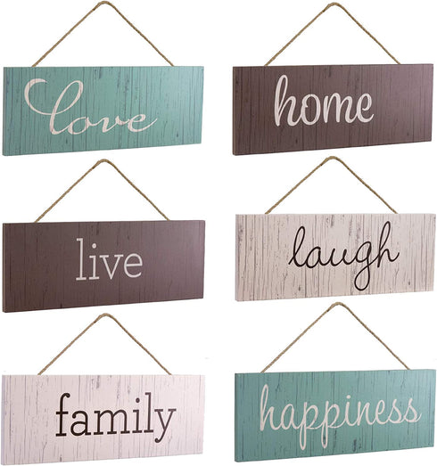 EXCELLO GLOBAL PRODUCTS Hanging Home Decor Sign with Sawtooth Hook and Jute Hanging Rope (Home, Family, Love, Laugh, Live, Happiness in Neutral Colorway)