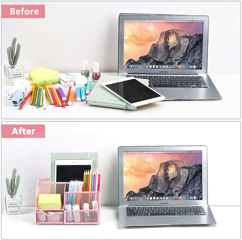 Pink Desk Organizer for Women, Mesh Office Supplies Cute Stationary Organization Office Accessories Essentials Caddy with Drawer for Home & Office Desktop & Decor& Kitchen