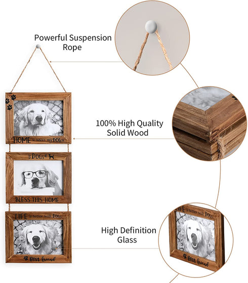 5x7Picture Frame,Dog Picture Frame,Wall Hanging Picture Frame Collage With 3 Openings Photo Frame,Pet Picture Frames Memorial Display Frame on Ropes Gifts for Wall for Home and Office.
