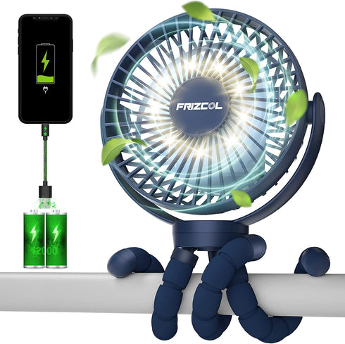 Portable Stroller Fan 60 Working Hours, Small Fan with LED Lights, 12000 Capacity Battery Operated Fan with Tripod Legs, Rechargeable USB Fan, Peloton Fan for Treadmill, Camping, Travel, Bed, Tent