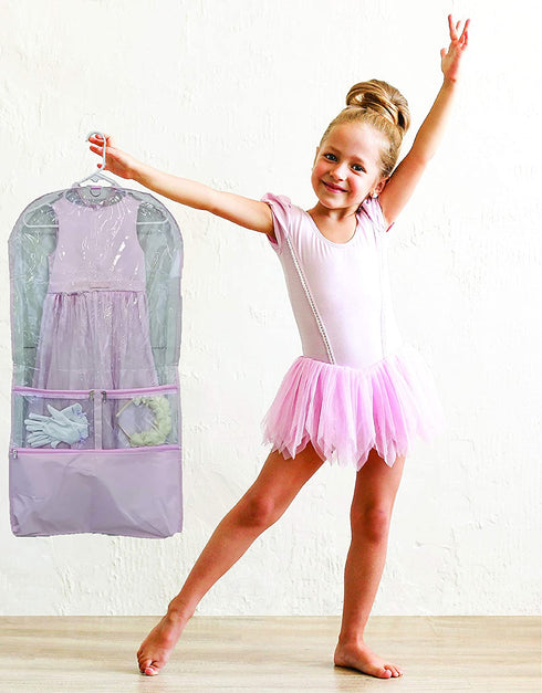 TUVAINC Clear Dance Costume Zipper Garment Bag with Multiple Pockets and Gusset with Pink Trim