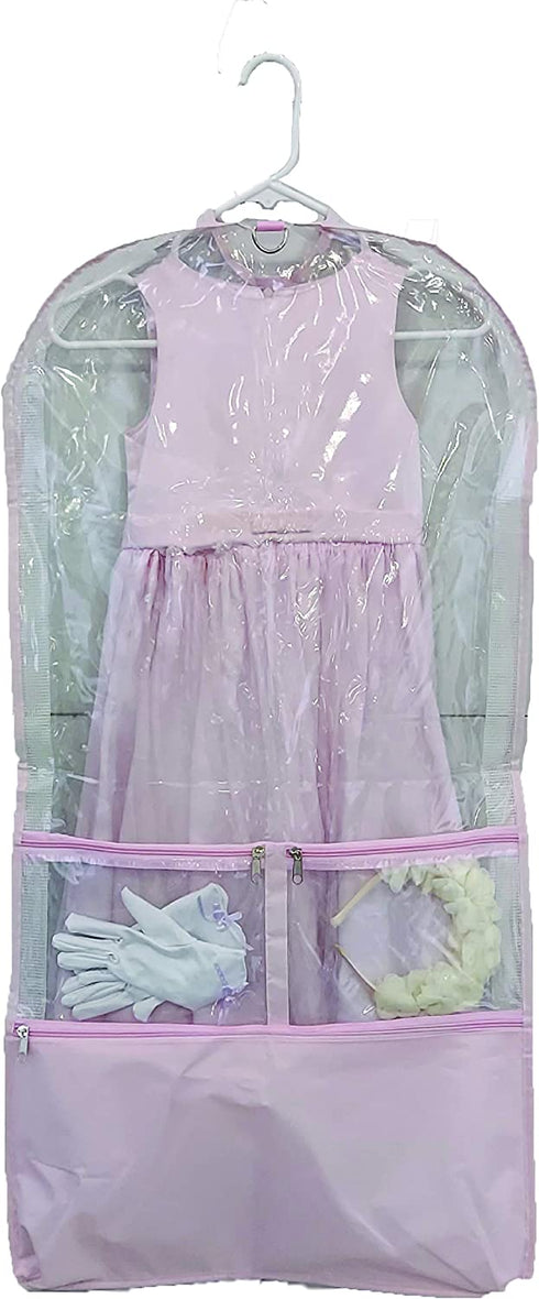 TUVAINC Clear Dance Costume Zipper Garment Bag with Multiple Pockets and Gusset with Pink Trim