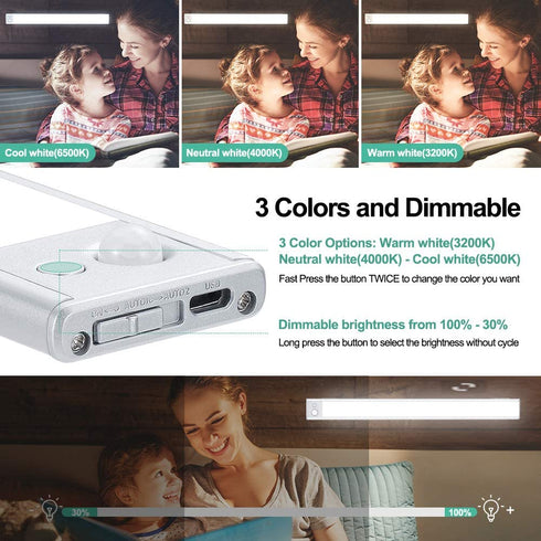 LED Motion Sensor Light Indoor: Rechargeable 140 LED Dimmable Closet Lights Wireless Stick on Under Cabinet Lighting with 3 Color Option | Battery Operated Night Lights for Bedroom Stairs Wardrobe