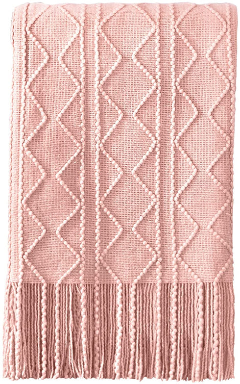 LUCIAN Knitted Throw Blankets Pink, Decorative Textured Cozy Throw, Lightweight Woven Blanket with Tassels for Couch, Bed, Sofa,Travel 50"*60",Suitable for Women Men and Kids