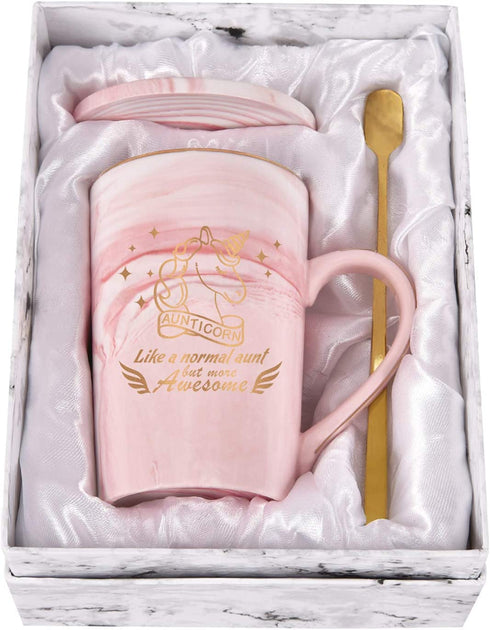 Aunticorn Coffee Mug - Best Aunt Mug - Auntie Gifts for Women - Aunt Gifts from Niece Nephew - Aunt Marble Coffee Mug for Christmas Birthday Mothers Day 14 Oz with Gift Box Coaster Spoon