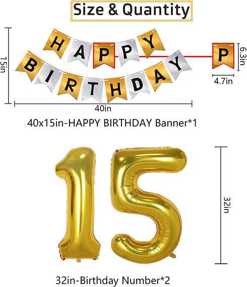 NANINUNENO 15th Gold Birthday Decorations,Gold Black Silver Happy Birthday Balloons Supplies for Boy Men Girl Women,15 Birthday Party Set with15 Gold Number Balloons Happy Birthday Banner and Whiskey Bottle Balloons