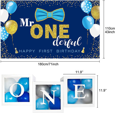 Boys 1st Birthday Banner and Balloon Boxes Party Decoration Set Transparent ONE Blocks Mr. Onederful Baby Toddler Little Man First Birthday Backdrop Blue Decor Photo Shoot Prop