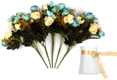 LY EMMET Artificial Rose Bouquets with Ceramics Vase Fake Rose Flowers Decoration for Table Home Office Wedding-Blue