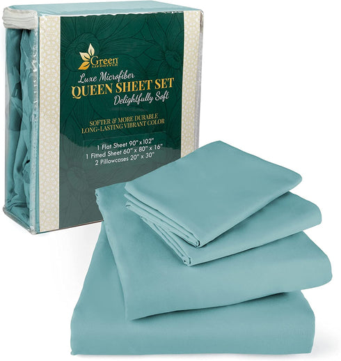 GREEN LIFESTYLE Smooth and Silky Feel Microfiber King Bed Sheet Set 1800 Thread Count Super Soft, Breathable, Wrinkle and Stain Resistant Fabric 4 Piece Spa Blue