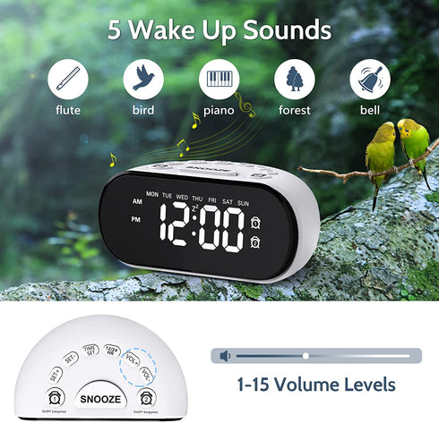 REACHER Digital Alarm Clock for Bedroom - 0-100% Dimmer, Dual Alarm, 2 USB Ports, Weekday/Weekend/7 Days, LED Display, 5 Natural Wake Up Sounds, Adjustable Volume, Snooze, Small Size, Outlet Powered