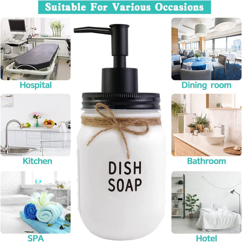 White Mason Jar Dish and Hand Soap Dispenser, 16 Ounce Glass Mason Jar with Black Plastic Pump and Stainless Steel Lid, Farmhouse Decor Rustic Kitchen Bathroom Accessories