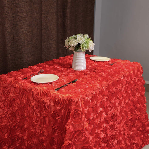 Red Rosette Tablecloth Satin Raised Rosettes 50 x102 Inches 3D Rose Floral Satin Rectangle Tablecloths for Wedding Banquet Party Baby Shower Sweet Cake