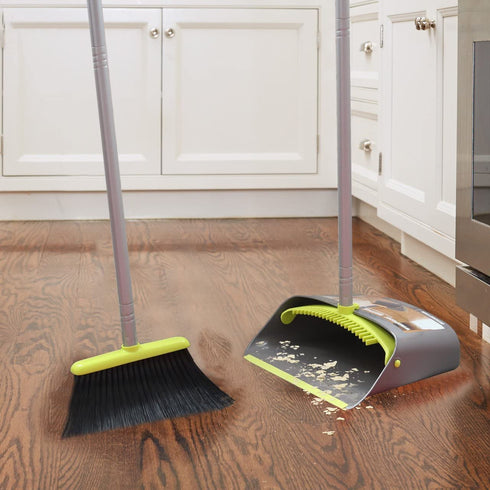 Broom and Dustpan Set, TreeLen Broom with Dust Pan with Long Handle Combo Set for Office and Home Standing Upright Sweep Use with Lobby Broom
