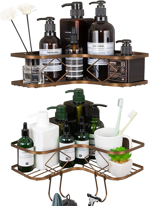 Kadolina 2 Pack Adhesive Corner Shower Caddy Shelf, Bathroom Shower Organizer Shelves, No Drilling Rustproof Wall Mounted Shower Storage Basket Shampoo Holder Organizer Shower Accessories Rack (Bronze)
