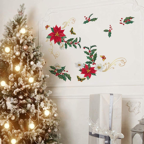 ufengke Christmas Poinsettia Flower Wall Stickers Butterflies Window Clings Decal for Showcase Home Decor Merry Christmas Decoration