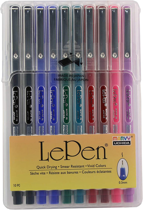 UCHIDA LePen Porous Point Pen, 12 Count (Pack of 1), Black, Blue, Red, Green, Pink, Lavender, Burgundy, 10
