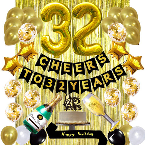 Gold 32nd Birthday Decorations kit, Cheers To 32 Years Banner Balloons,32nd Cake Topper Birthday Sash, Gold Tinsel Foil Fringe Curtains, for 32 Birthday&Anniversary Decorations