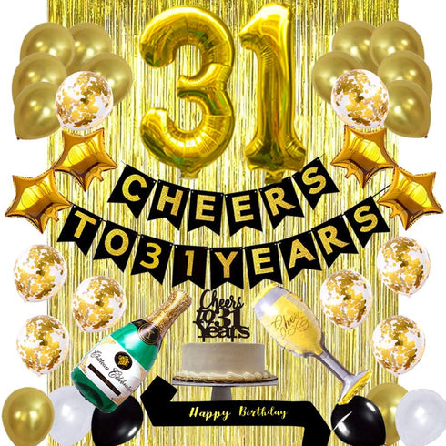 Gold 31st Birthday Decorations kit, Cheers To 31 Years Banner Balloons,31st Cake Topper Birthday Sash, Gold Tinsel Foil Fringe Curtains, for 31 Birthday&Anniversary Decorations