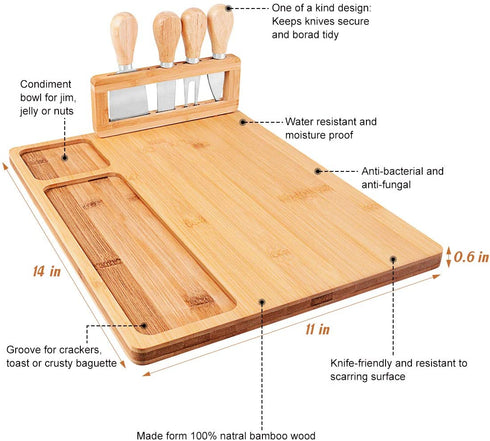 Bamboo Cheese Board with 4 Stainless Steel Knives and 8 Dessert Forks, 2 Seasoning Bowls, 20 Toothpicks Flags, Charcuterie Platter & Serving Tray for Wine, Biscuits, Salty Cheese and MeatBullet Points