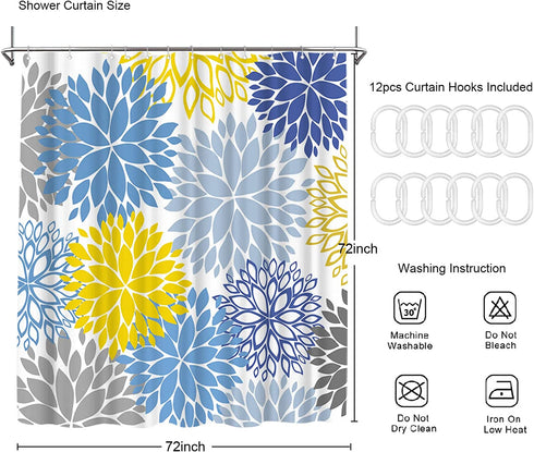 ArtBones Yellow Grey Blue Shower Curatin 72x72inch with Hooks Dahlia Pinnata Flower Shower Curtain Floral Shower Curtain Bathroom Decor