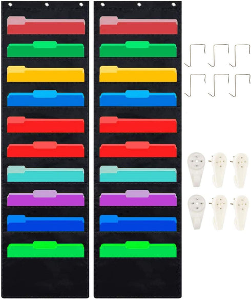 2 Pack Hanging File Holder Organizer Rack, 10 Pocket File Folder, Wall Mounted, Heavy Duty 6 Hooks, Storage Letter, Key Holder, Filing, Classroom Book, Living Room Hair Care, Decorative Cabinet Closet
