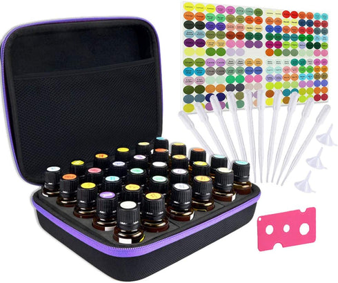 Essential Oils Storage, TUZAZO Essential Oils Carrying case for 30 Bottles 5ml 10ml 15ml, Hard Shell Shockproof & Durable, Come with Bottle Opener, Bottle Cap Labels (Black&Purple)