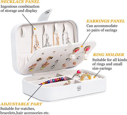 Travel Jewelry Boxes for Women - Small Jewelry Organizer Case Double Layer Portable Mini Travel Case Display Storage Holder Boxes for Stud Earrings, Rings, Necklaces, Bracelets(White)