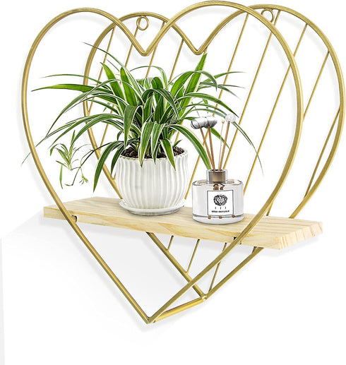 MAZJOARU Gold Floating Shelf for Wall, Heart Shelf Wall Mounted Metal Wood Hanging Shelf for Bathroom Cute Modern Wooden Wall Shelf for Bedroom Living Room Kitchen Children Room Decor Gift