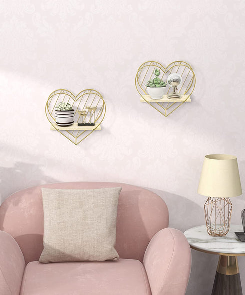 MAZJOARU Gold Floating Shelf for Wall, Heart Shelf Wall Mounted Metal Wood Hanging Shelf for Bathroom Cute Modern Wooden Wall Shelf for Bedroom Living Room Kitchen Children Room Decor Gift