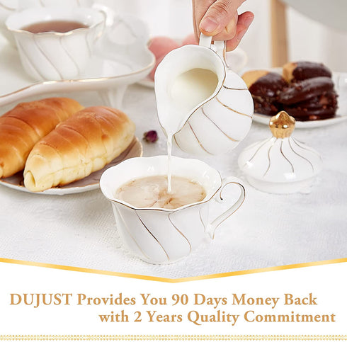 DUJUST White Cream & Sugar Set, Luxury British Design in Golden Trims, 1 Sugar Bowl with Lid (12 OZ), 1 Creamer (8 OZ), Handcrafted Sugar Creamer Set, Decoration for Kitchen
