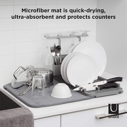 Umbra Udry Rack and Microfiber Dish Drying Mat-Space-Saving Lightweight Design Folds Up for Easy Storage, Standard w, Charcoal