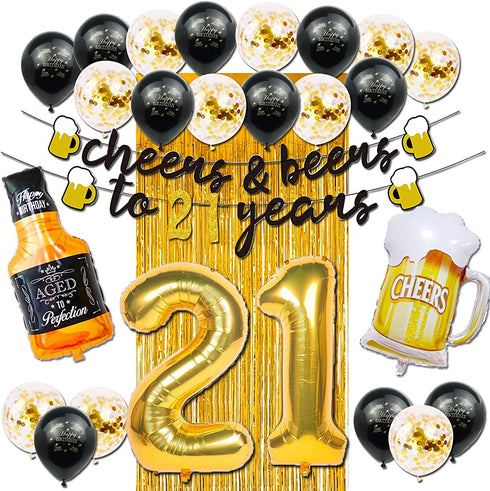 21st Birthday Decorations for Him Her, 21 Years Birthday Decorations with 40 Inch Gold Number Balloons, Banner, 21 Sign Latex Balloon, Fringe Curtains and Cups Foil Balloons