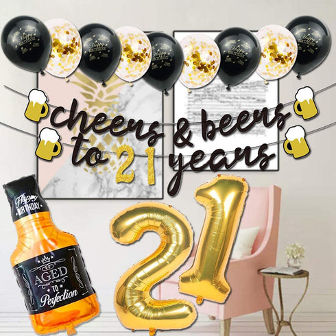 21st Birthday Decorations for Him Her, 21 Years Birthday Decorations with 40 Inch Gold Number Balloons, Banner, 21 Sign Latex Balloon, Fringe Curtains and Cups Foil Balloons