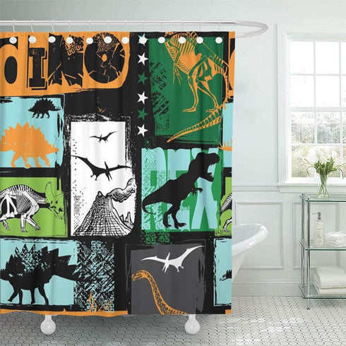 Emvency 72"x72" Shower Curtain Waterproof Bathroom Home Decor Shark Dino Pattern for Original Design with Dinosaur Grunge for Boys Kids Summer Polyester Fabric Adjustable Hooks Set