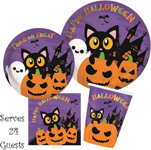Serves 24 Complete Party Pack Cute Halloween Cats Monsters and Ghosts Includes Plates Cups Napkins Table Cover Balloons Picks Curtains Banner Halloween Party Decorations Halloween Party Supplies