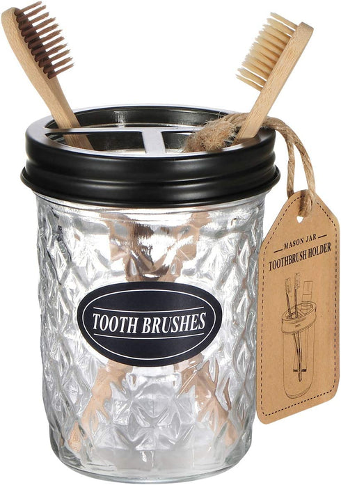 Mason Jar Bathroom Accessories Set 4 Pack - Foaming Soap Dispenser&2 Qtip Holders&Toothbrush Holder-Rustic Farmhouse Decor Bathroom Organizer Apothecary Jar Country Countertop (Black)