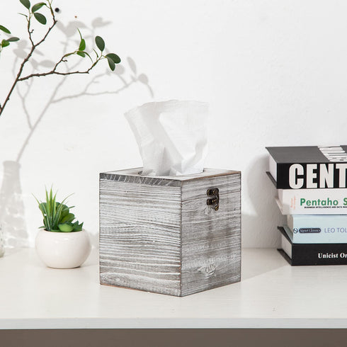 Distressed Farmhouse Square Solid Wood Tissue Box Cover with Slide-Out Bottom Panel Honey Brown Tissue Box Holder for Bathroom Living Room Dining Room Bedroom Toilet (Grey White)