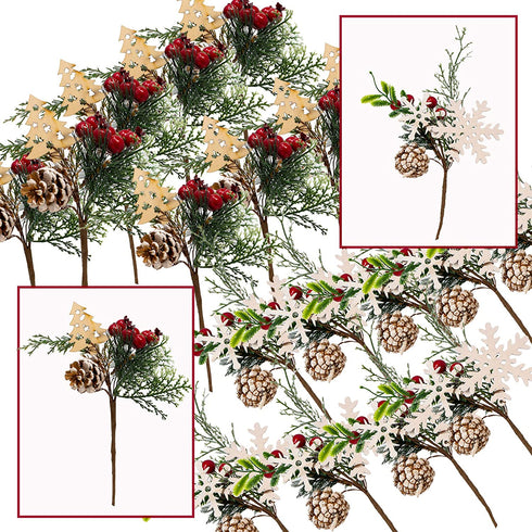 BANBERRY DESIGNS Woodsy Floral Picks Set of 10 Snow Tip Pinecone Red Berries Sprays Wooden Embellishments DIY for Christmas Garlands Wreaths Flower Arrangements Rustic Home Décor